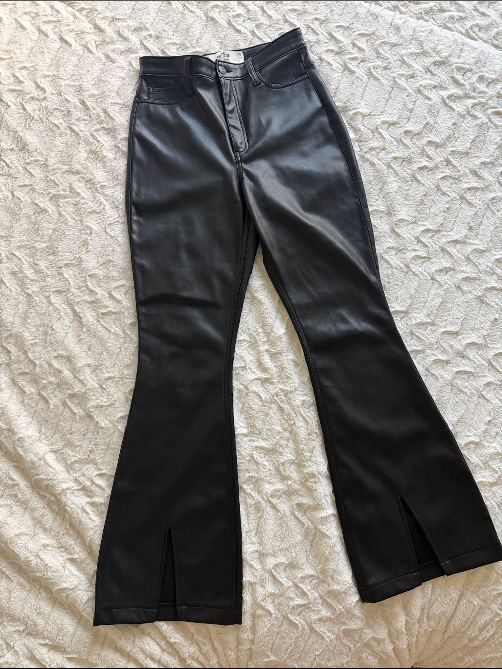 Hollister Black Faux Leather Flare Pants with Front Slits